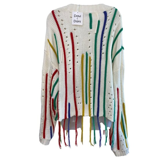 Davi & Dani Multicolor Fringe Knit Sweater L Relaxed Fit Long Sleeve Ivory - Picture 5 of 11